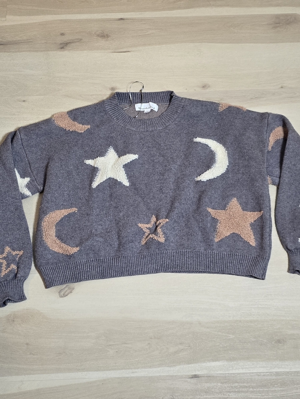 Threaded Leaf Pullover Knit Gray Boxy Sweater womens L Moon Stars soft cropped